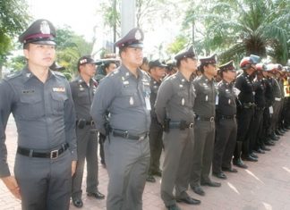 Banglamung police sent over 100 officers out into the mayhem April 18 to serve and protect during Songkran water play in Naklua.
